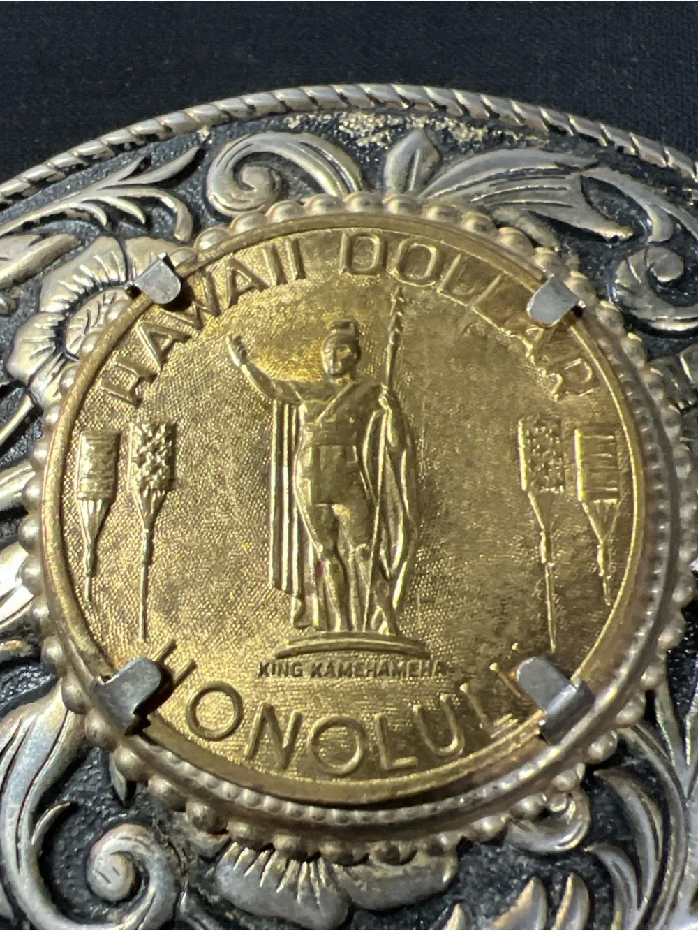 Vintage Hawaii Dollar Coin Belt Buckle Metal Brass Floral Design King Kamehameha